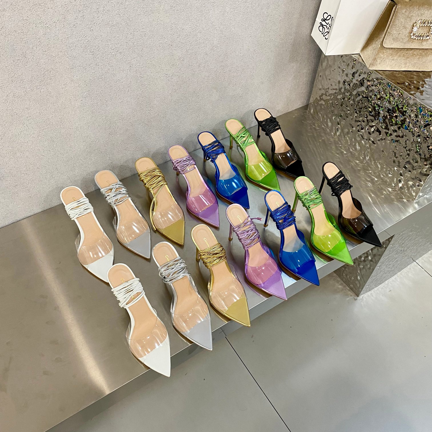 

Gianvito Rossi designer Sandals pvc lace-up sandal stiletto Heels slippers Peep-toe sandal Pointed toe women shoes super high heel strap real leather sole heeled box, Silver