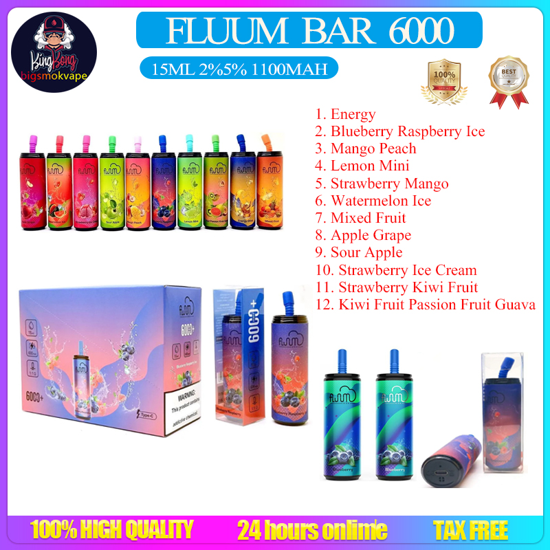 

Authentic Fluum Bar 6000 puffs Disposable E Cigarettes Vape Pen 15ml Mesh Coil Pods Cartridge 600mAh Rechargeable Battery Vaporizer