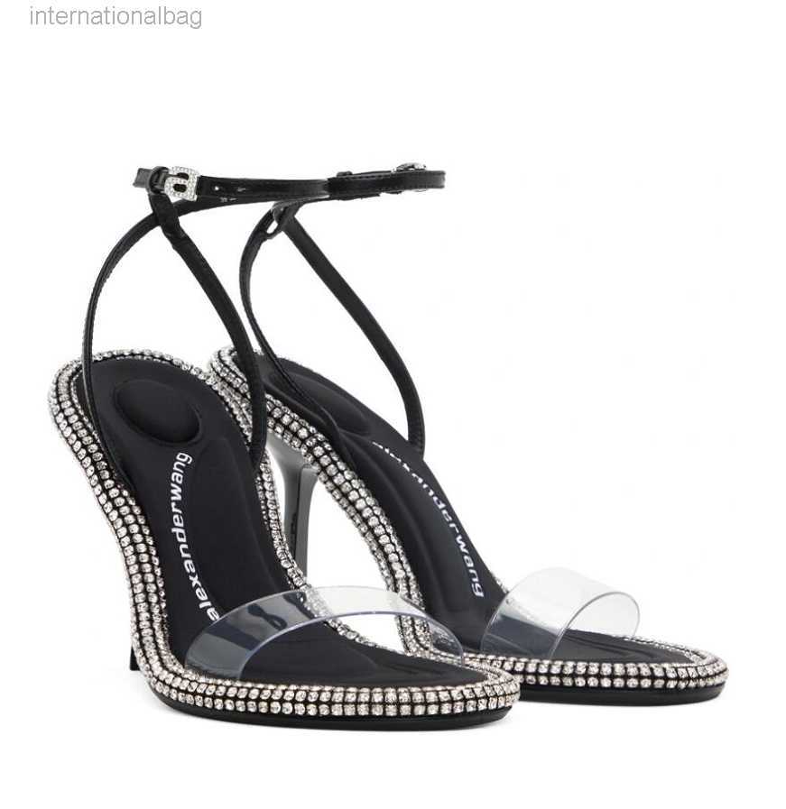 

Summer Brand Wang Black PVC Julie Sandals Shoes For Women Slip On High Heels Crystal Strappy Slingback Luxury Delphine Party Wedding Footwear