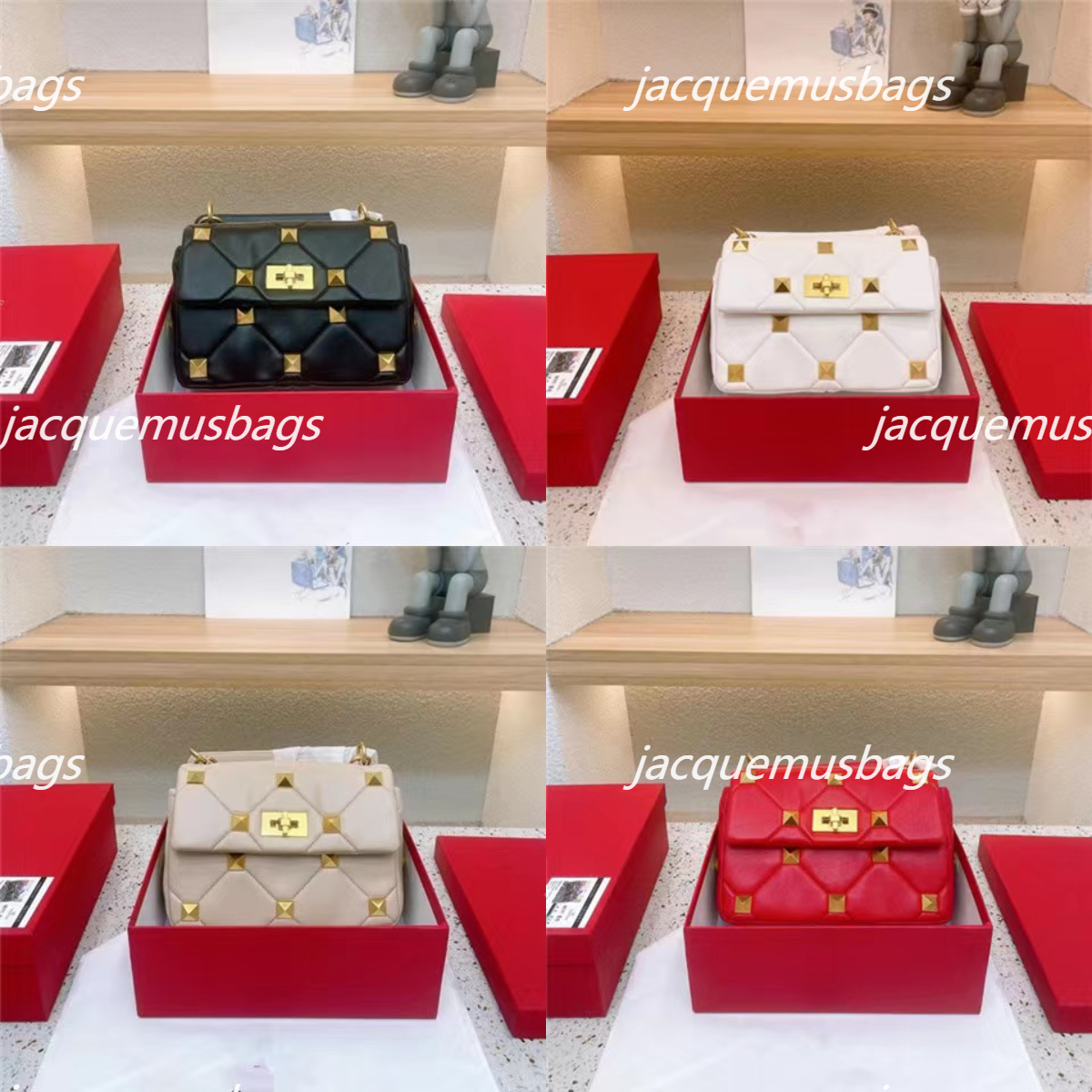 

Roman Stud Shoulder Bags Women Studded Crossbody Bag Designer Luxury Handbag Lady Flap Nappa Evenin Handbag Bag Size W25xH16xD10 cm, Color 1