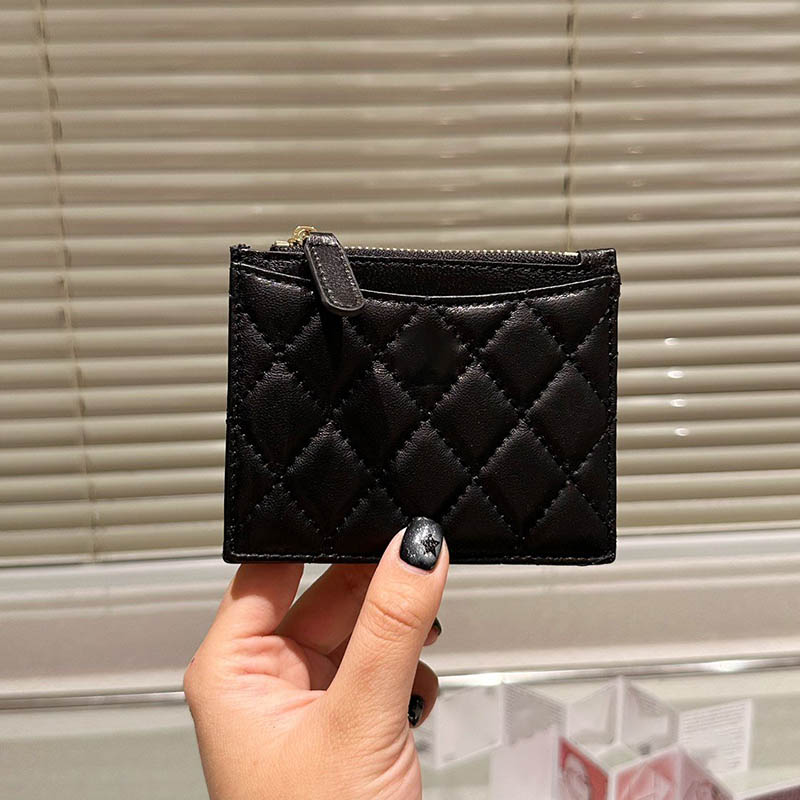 

Classic Women Mini Zipper Card Holder Vintage Wallet Diamond Lattice Leather Quilted Caviar/Lambskin Luxury Handbag Clutch Gold Hardware Designer Coin Purse 10CM, Black