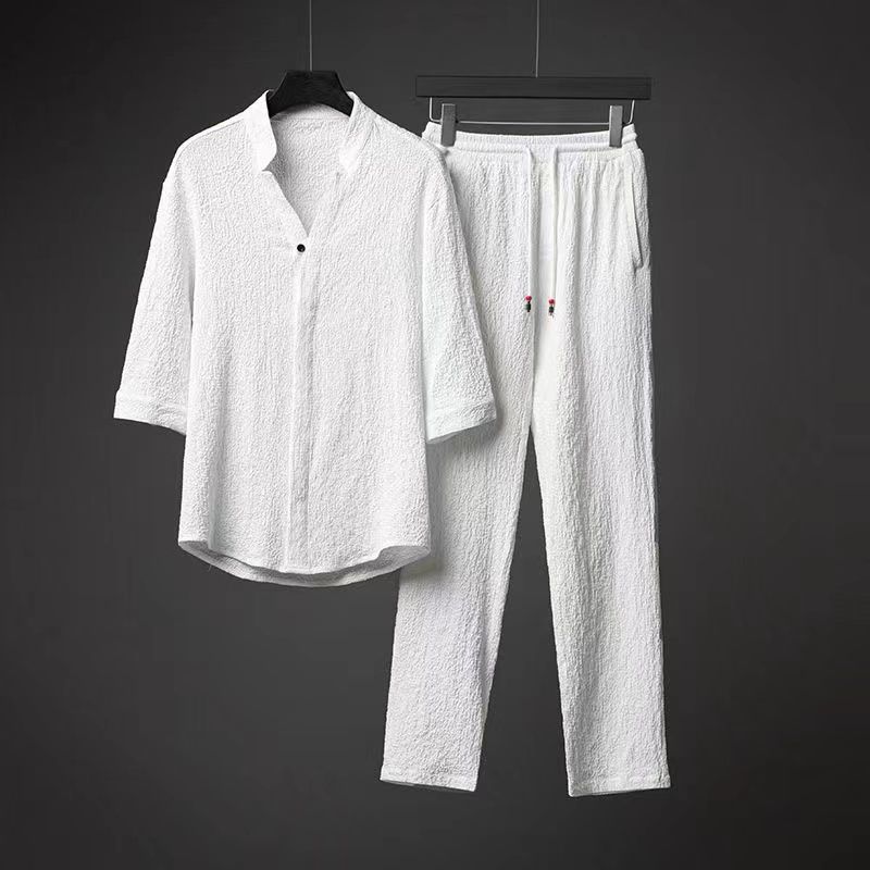 

Chinese Style Ice Silk Linen Two Piece Tracksuits Summer Thin Short Sleeve T Shirt Plus Size Trousers Harajuku Oversized Clothes Men, White set