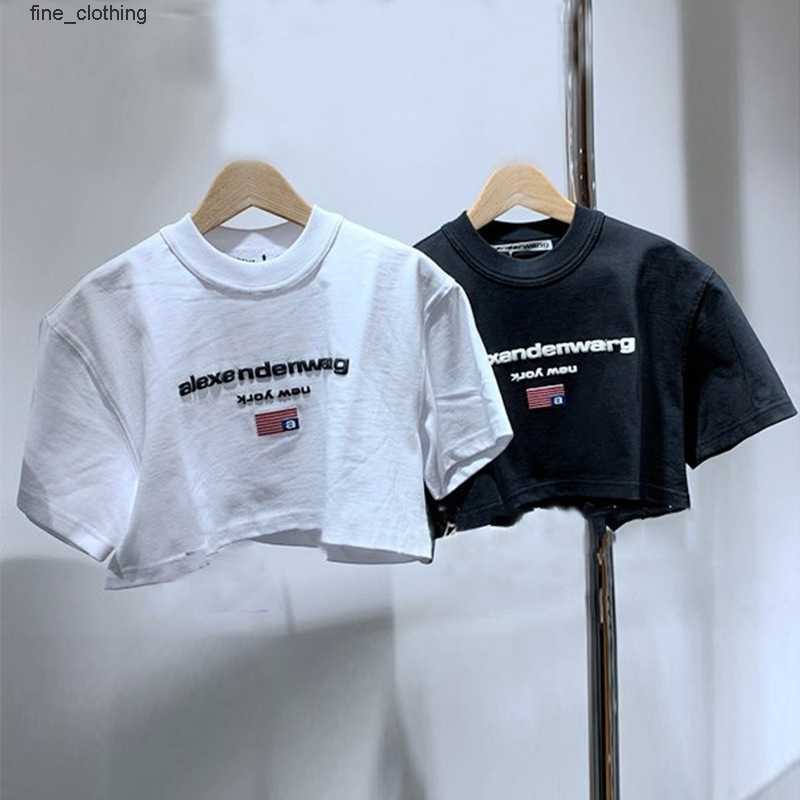 

AW Dawang' 2023 Spring Summer New Letter Printing Open Umbilical Short Sleeve Slim Top Women T-shirt, White