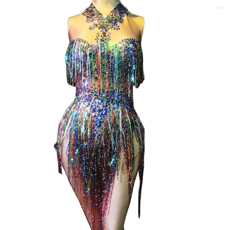 

Stage Wear Glitter Multicolor Rhinestones Sleeveless Halter Women Bodysuits Colored Fringes Tight Stretch Jumpsuits Nightclub Romper, Multi