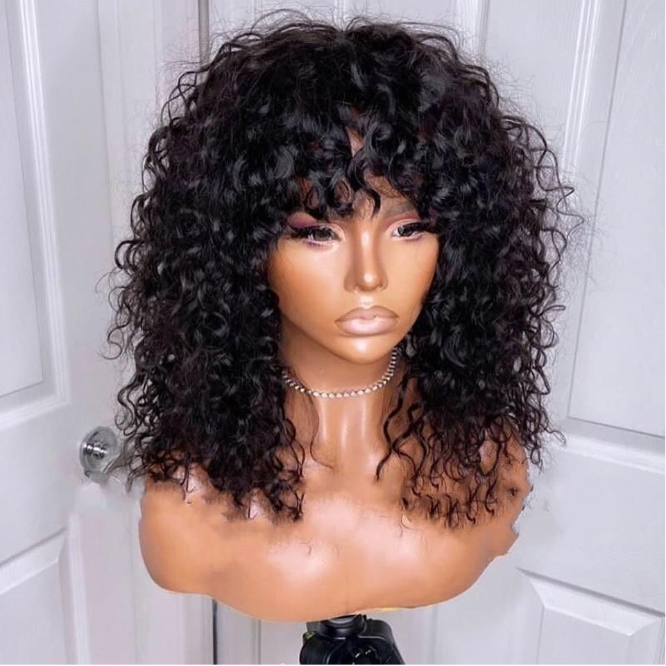 

250 Density Remy Brazilian Short Curly Wig With Bangs Human Hair Afro Kinky Curly Wig Highlight Glueless Full Synthetic None Lace Front Wig, Wig cap