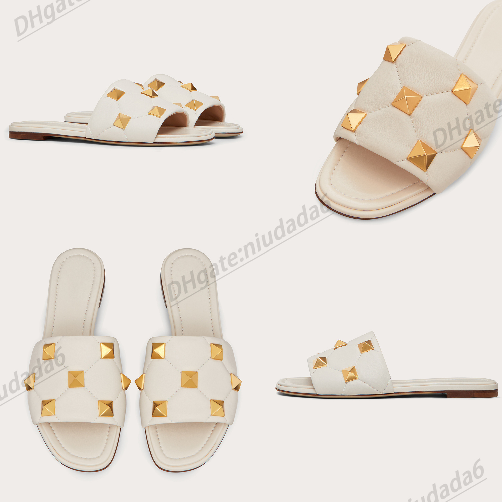 

hot designer sandal woman ROMAN STUD luxury Quilted nappa leather pool outside men shoe comfort flat slipper fast shipping rivet lady slide, Brown