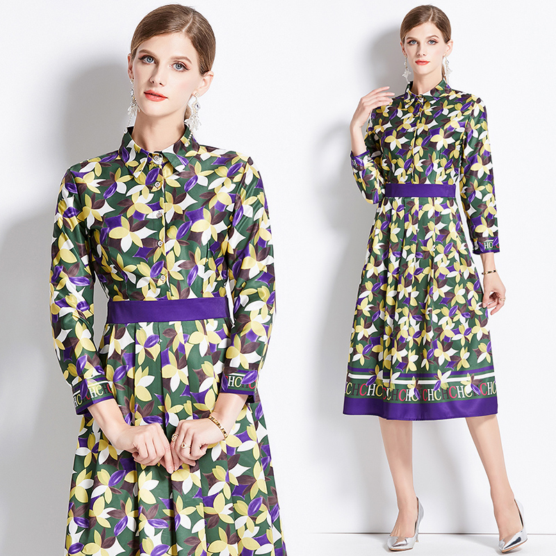 Luxury Fashion Floral Midi Dresses 2023 Women Designer Robe Long Sleeve Street Cafe Slim A-Line Pleated Dress Spring Autumn Ladies Elegant Print-image-843904069