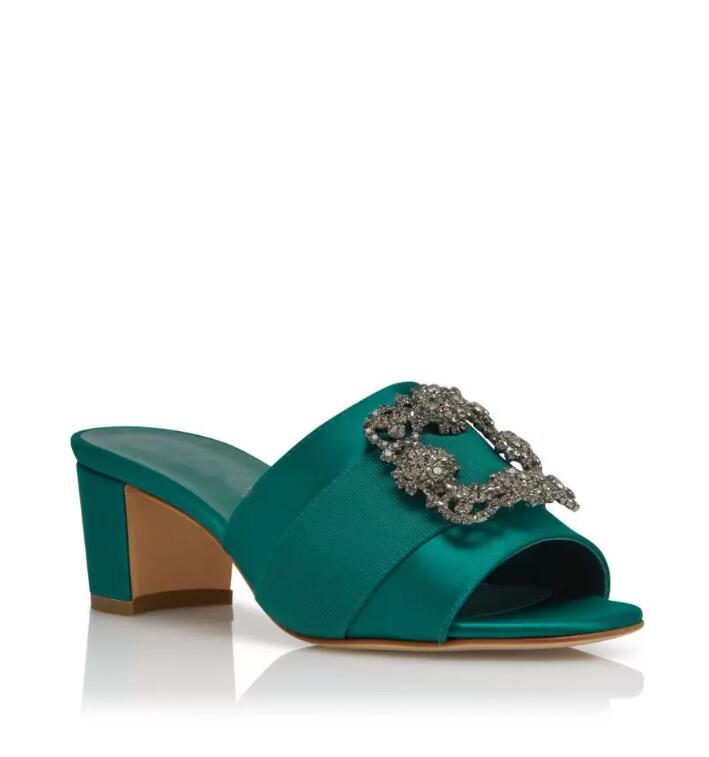 

Fashion Summer Martanew Satin Sandals Shoes For Women Jewel Buckle Square Crystal Mules Slip-on Block Heels Lady Sexy Walking