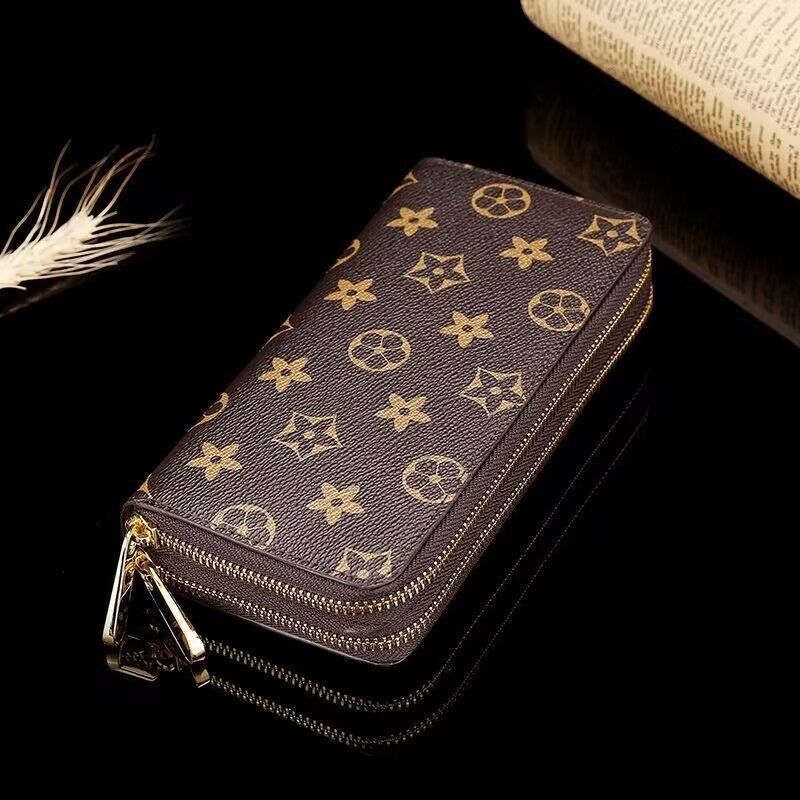 

high quality Double zipper Wallets Mens Leather Wallet Holders For Brown flower women Purse Monograms Luxury Purses Cross Body Wallets Zippe, Coffee+plaid