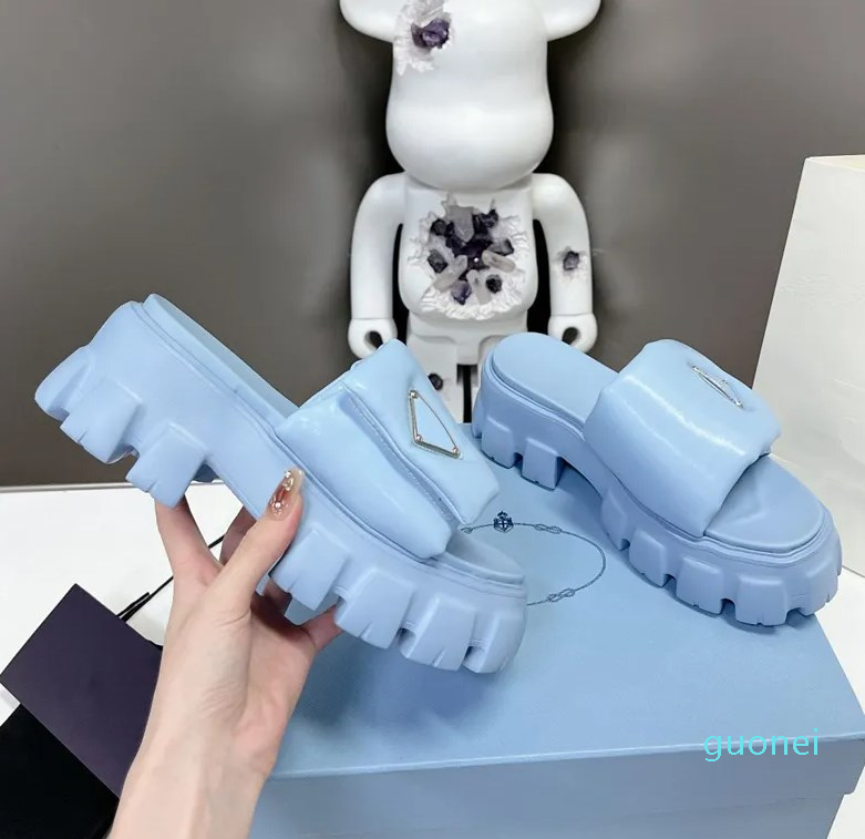 

Black Soft Padded Leather Sandals Slippers For Woman Monolith Rubber Sole Slides Triangle Logo Platform Sandal Chunky Bottom Mules Summer Beach Casual