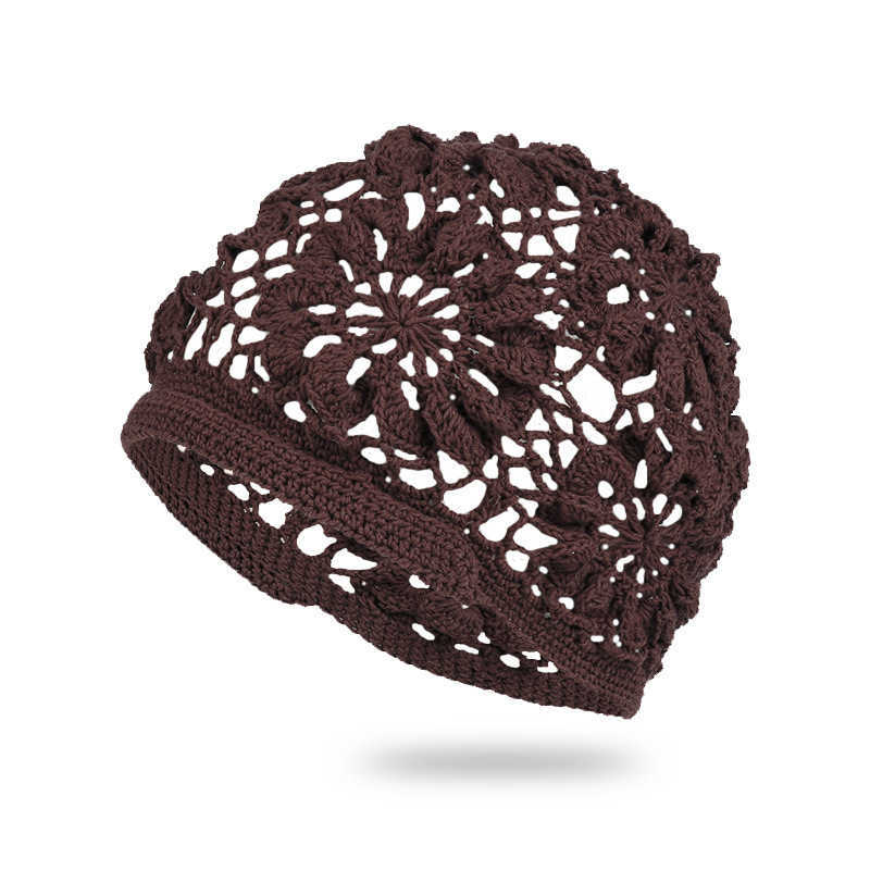 

HBP Handmade hats for women, floral hats, hollowed out knitted hats, handmade hook woven headband hats, mesh pullover hats, breathable and elegant women, Gray