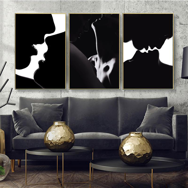 

Modern Portrait Posters and Prints Wall Art Canvas Painting Young Couple in Love Kiss Pictures for Living Room Decor No Frame