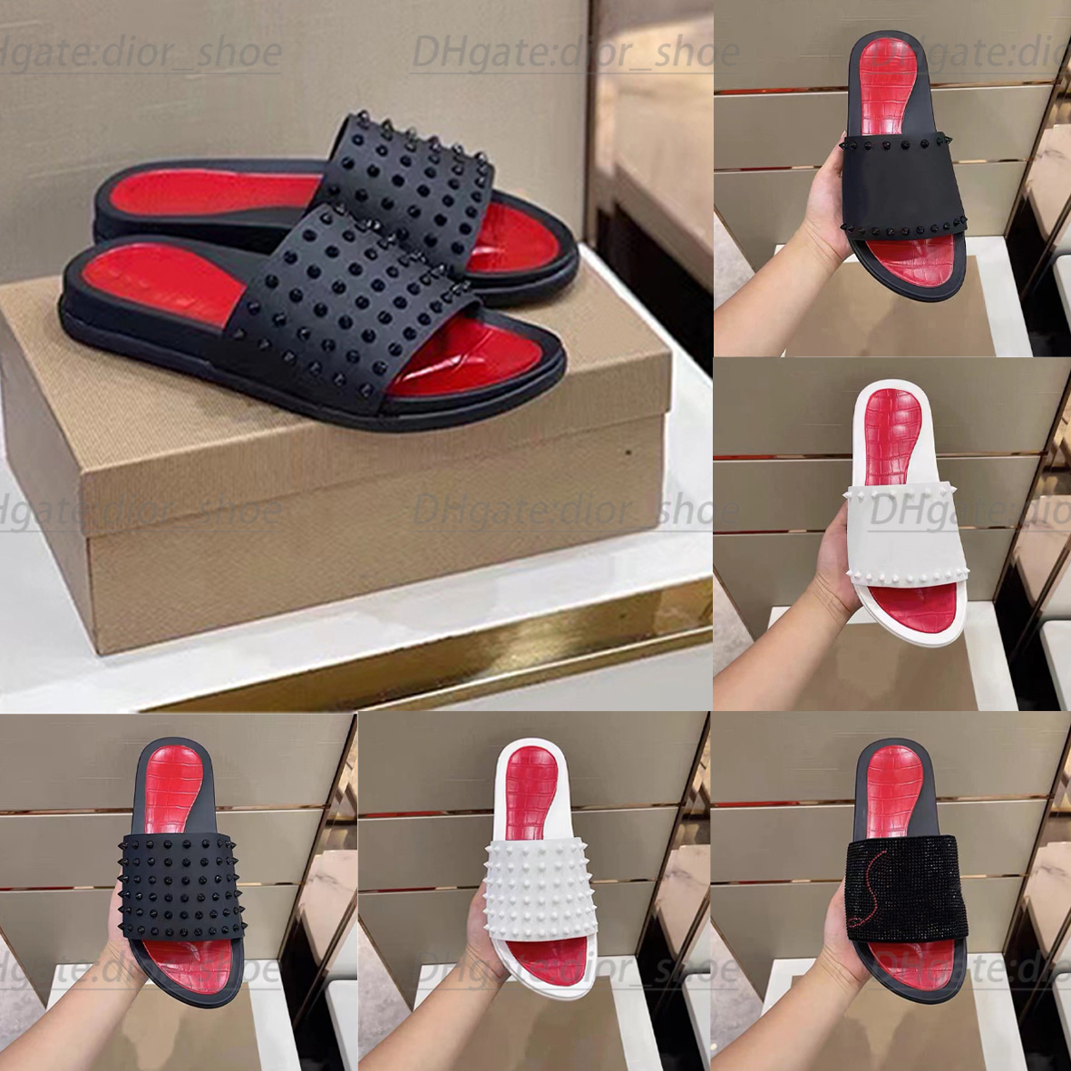 

women shoes man shoes designer Red soled slipper luxury rubber rivet diamond sandal Summer Outdoor Fashion sexy confort flat slide with box, #4