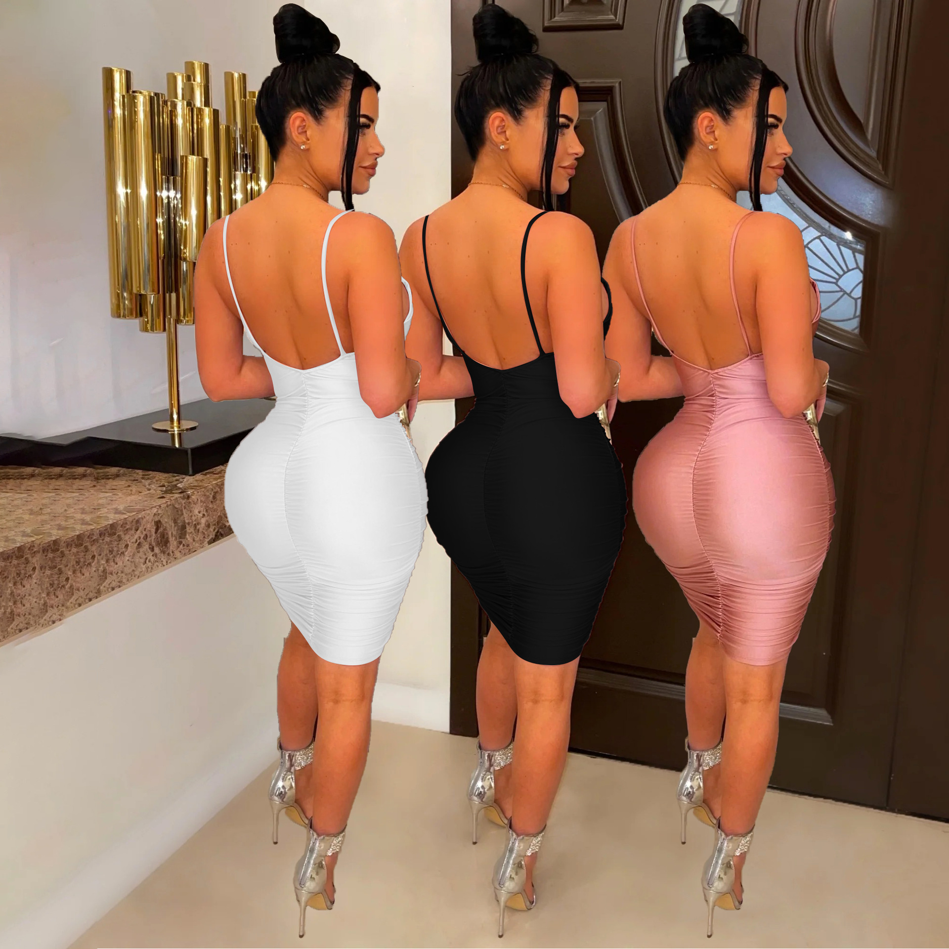 

zhaoxuan Cross border European and American sexy dress inset style women's dress strap style collarless buttocks skirt, White
