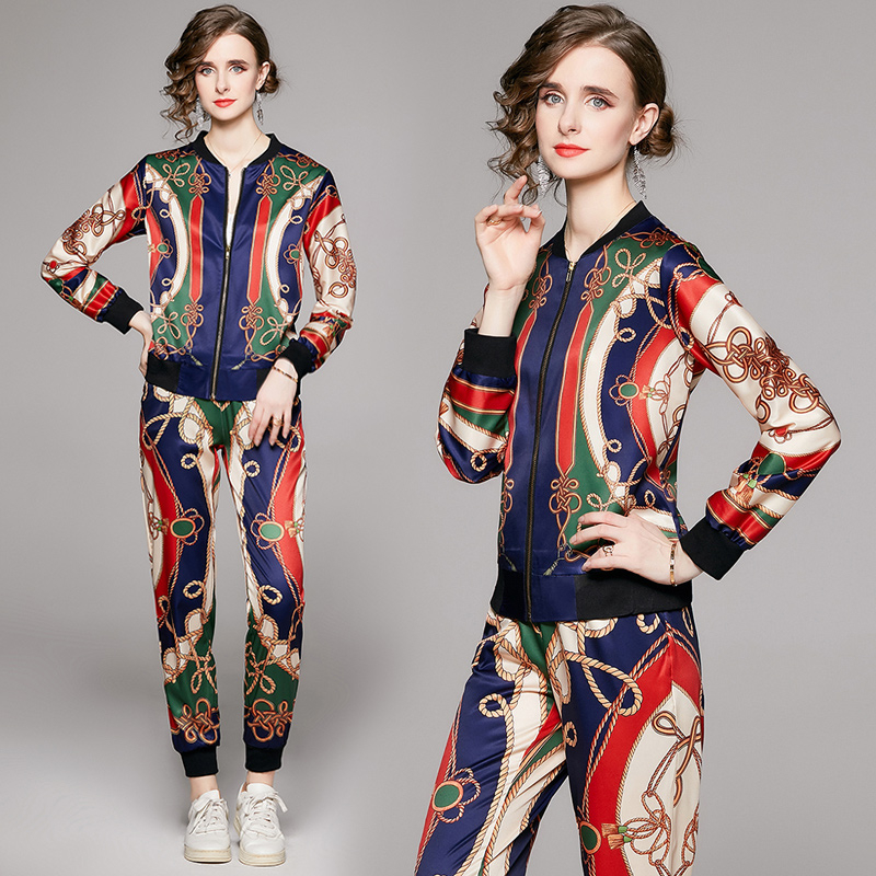 

New Spring Fall Two Pieces 2pcs Womens Ladies Casual Sets Vintage Floral Letters Print Zippered Top Jacket Coat Pants Tracksuit Outfits, Multi