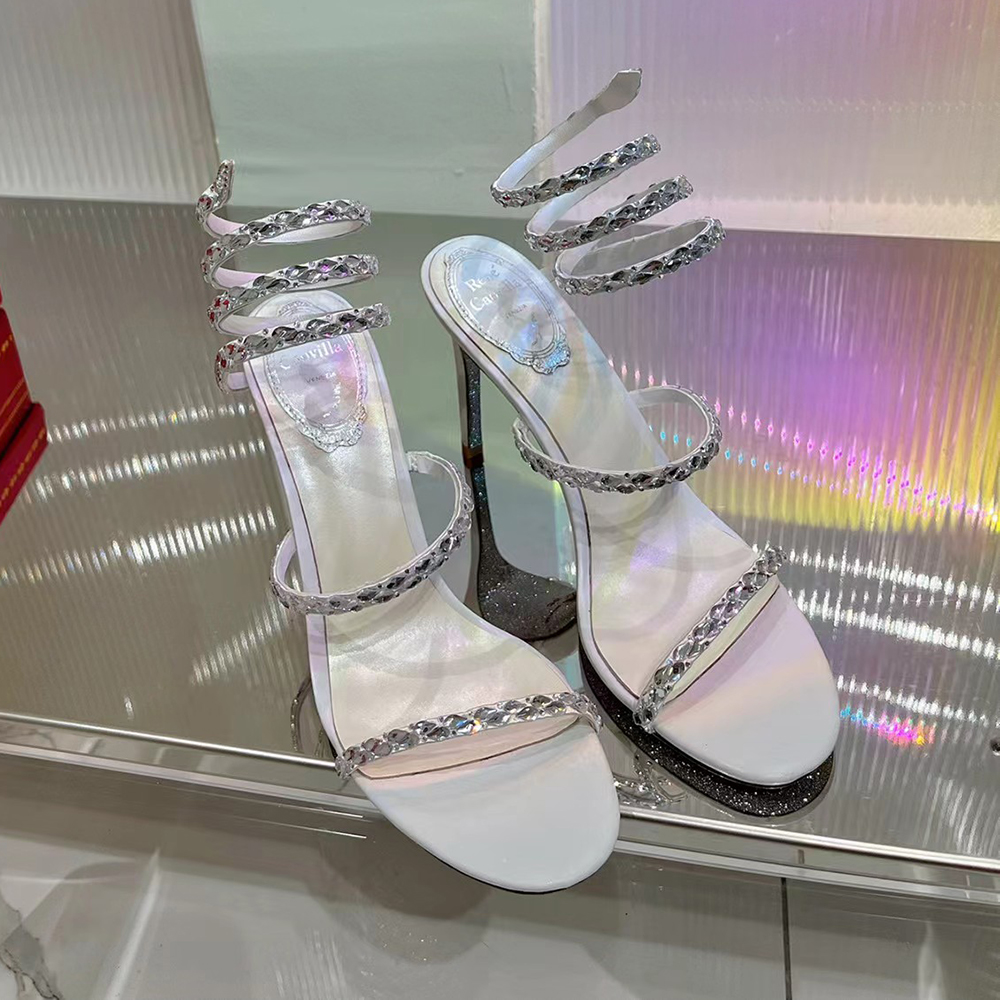 

Rene Caovilla Serpentine winding Sandals womens stiletto Heel Leather Slip On Stud Block Heel Luxury Designers women factory footwear35-43With box, Blue