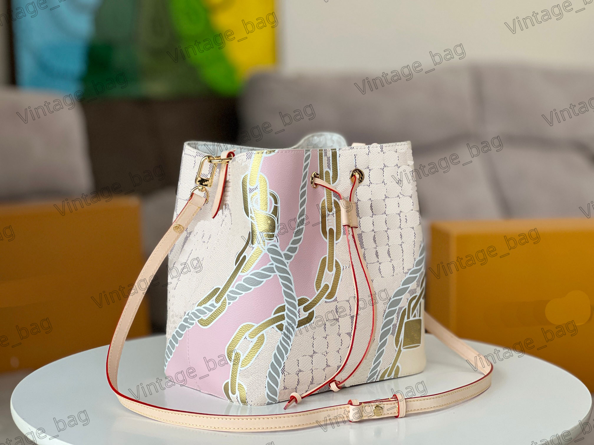 

Women Neonoe MM Bucket Bag Nautical Plaid Check Ropes Chains Pattern Drawstring Bags Adjustable Strap Stylish Shoulder Bags Crossbody Bag N40474