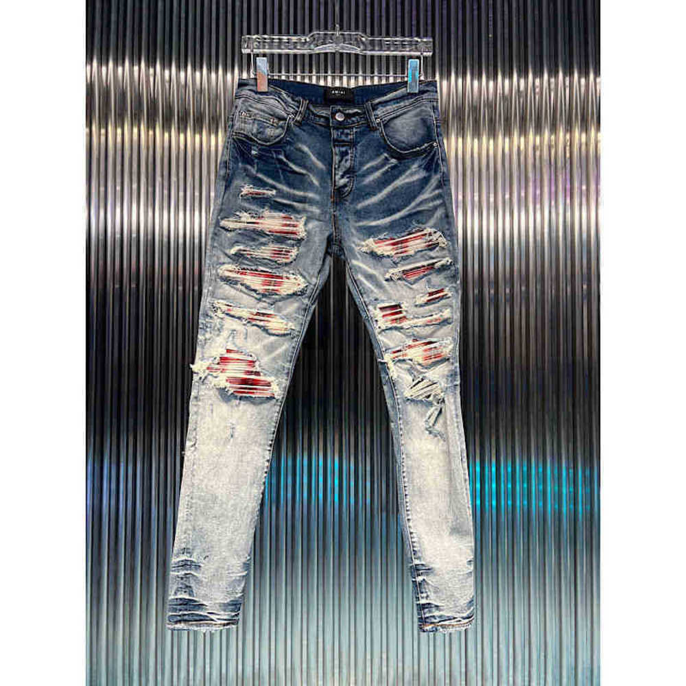 

legged amirly men jeans slim new high street Plaid fashion brand washed patch blue worn hole jeans men Hip Hop