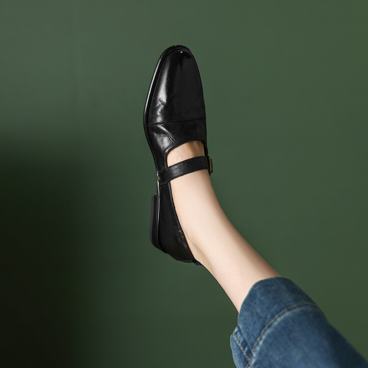

Vintage Full Grain Leather Mary Jane Shoes Brown Black Fashion Lady Wedding Dress Shoes Woman Flats