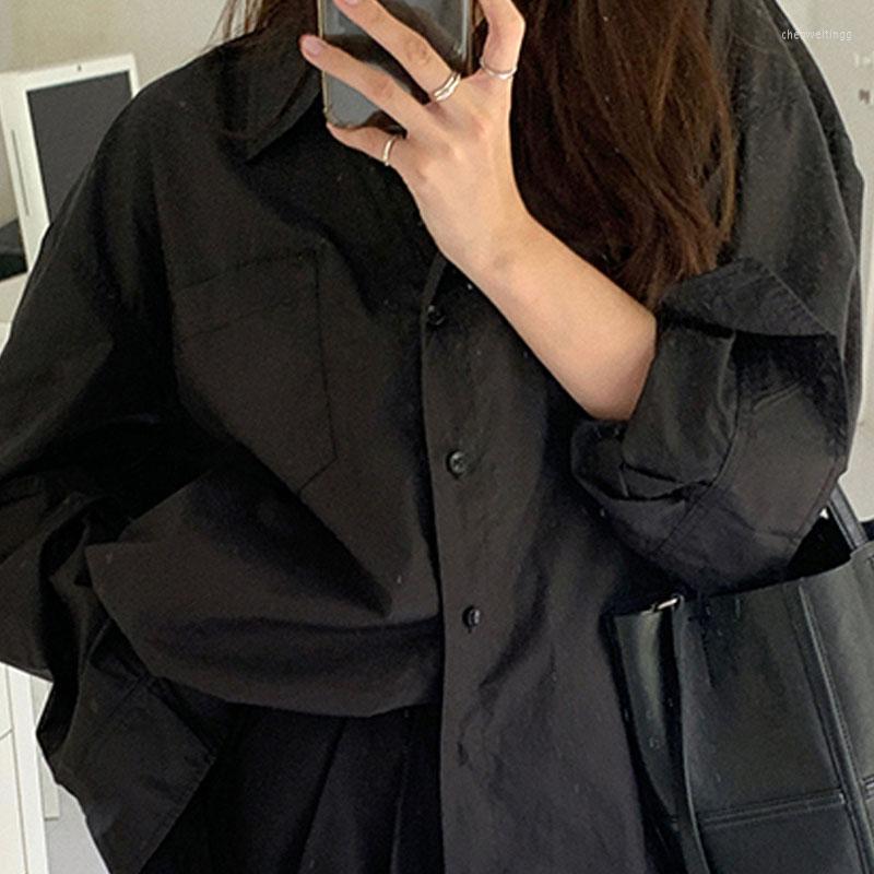 

Women's Blouses Deeptown Women's Blouse Vintage Casual Oversized White Black Shirt Solid Harajuku Long Sleeve Top Korean Style All-match