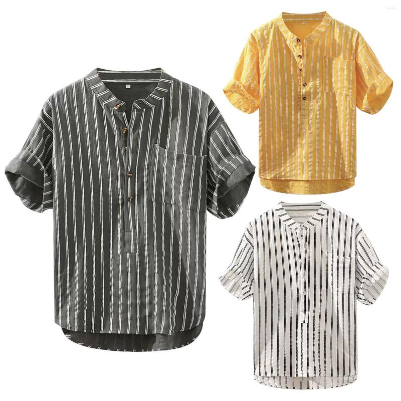 

Men's Casual Shirts Men's Shirt Cotton Linen Striped Short Sleeve Loose Blouses Breathable Plus Size Male Camisa Masculina, Yellow