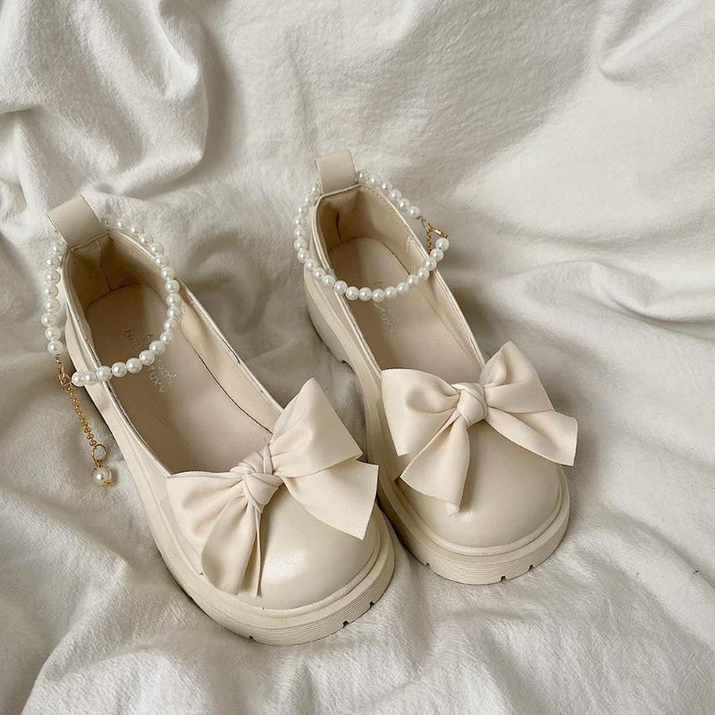 

Dress Shoes Autumn Fairy Sweet Medium Heels Women Korean Style Bow Elegant Mary Janes Pumps Ladies Beaded Solid Casual Sandals 2023, Black