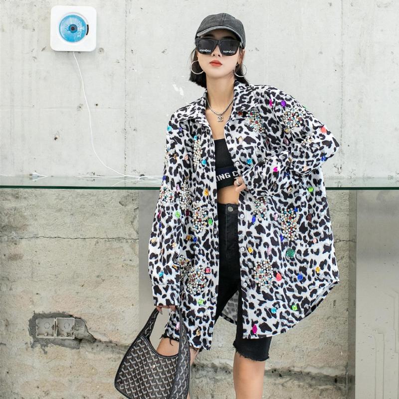 

Women's Blouses Women's Spring Cartoon Leopard Printed Diamonds Beaded Loose Shirts Medium And Long Rhinestones Crystal Cardigan Tops, Gray