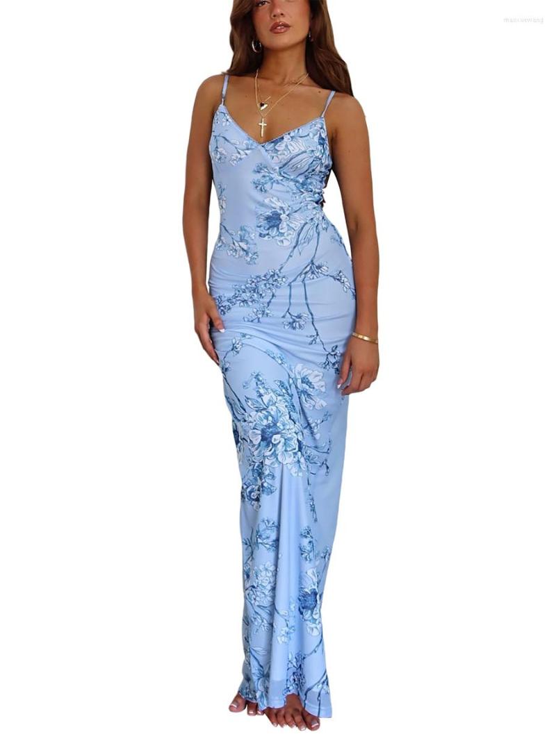 

Casual Dresses Women' Summer Bodycon Long Dress Vintage Floral Print Sleeveless Spaghetti Strap Party Club, Blue