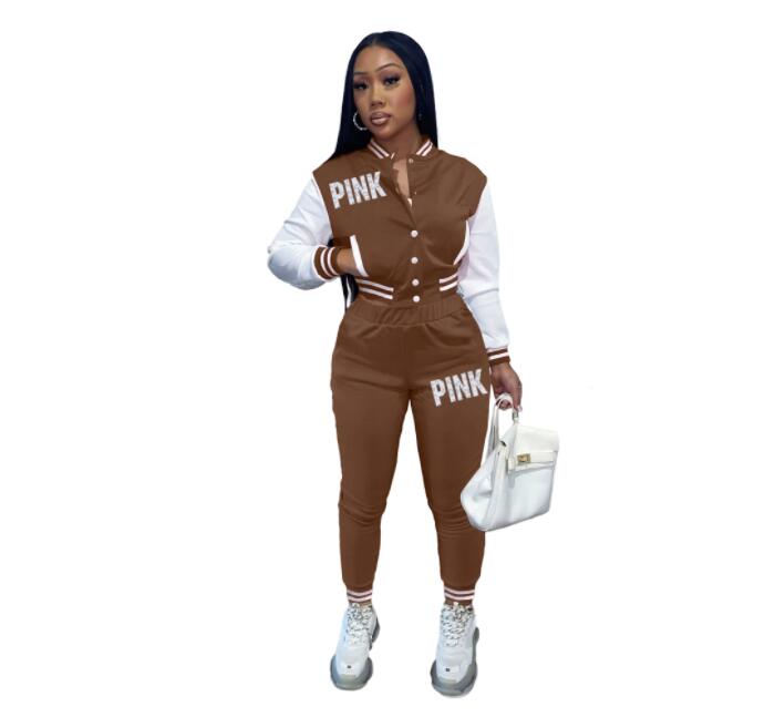 

Women Sportswear Tracksuits Baseball Uniform 2 Piece Set PINK Letter Print Jacket Coat + Pants Tracksuit Spring Fashion Clubwear, 08