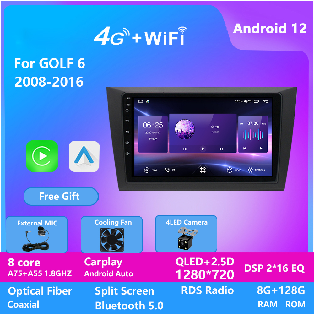 

128G Android 12 Video Autoradio GPS WIFI BT FM Car Stereo Double Din Touch Screen 2 Din Radio for VW GOLF 6 2008-2016