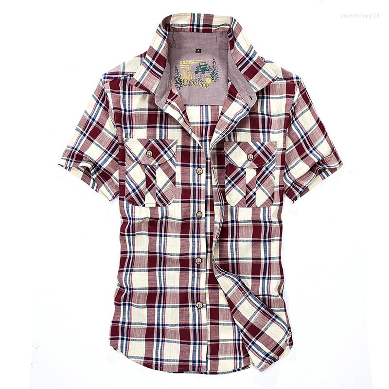 

Men's Casual Shirts Men Short-sleeved Plaid Male Military Outdoor Multi-pockets Tooling High Quality Man Summer Cotton, Green