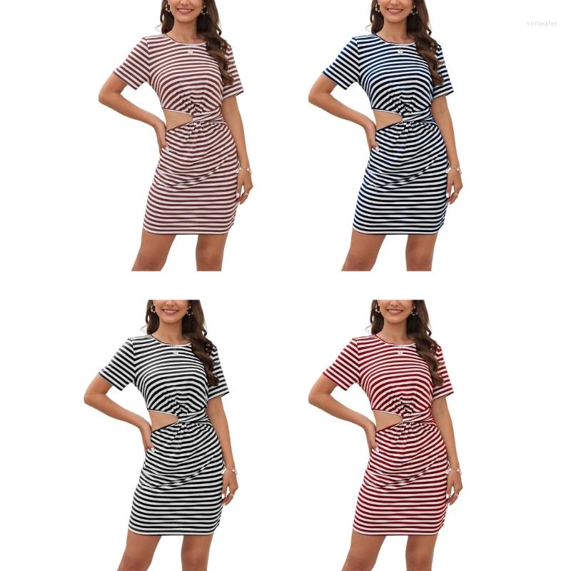 

Casual Dresses Women Short Sleeve Crew Neck Twist Front Striped Cutout Asymmetrical Mini Dress, Black