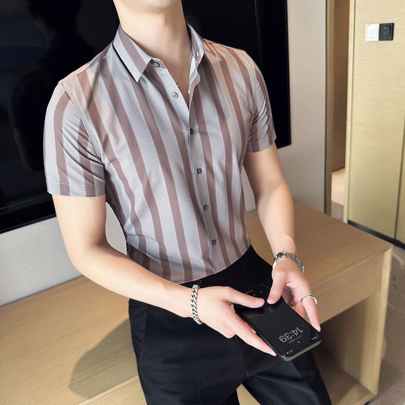 

Men's Casual Shirts 2023 Summer Stripe Short Sleeve Shirt Men Slim Fit Business Dress High-quality Social Streetwear Top Clothing, Blue