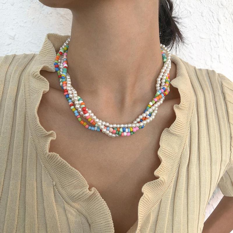 

Chains European Custom Bohemia Jewelry Women Rice Beads Necklace Mini Pearl Twining Colorful Seed Bead Multi Layer