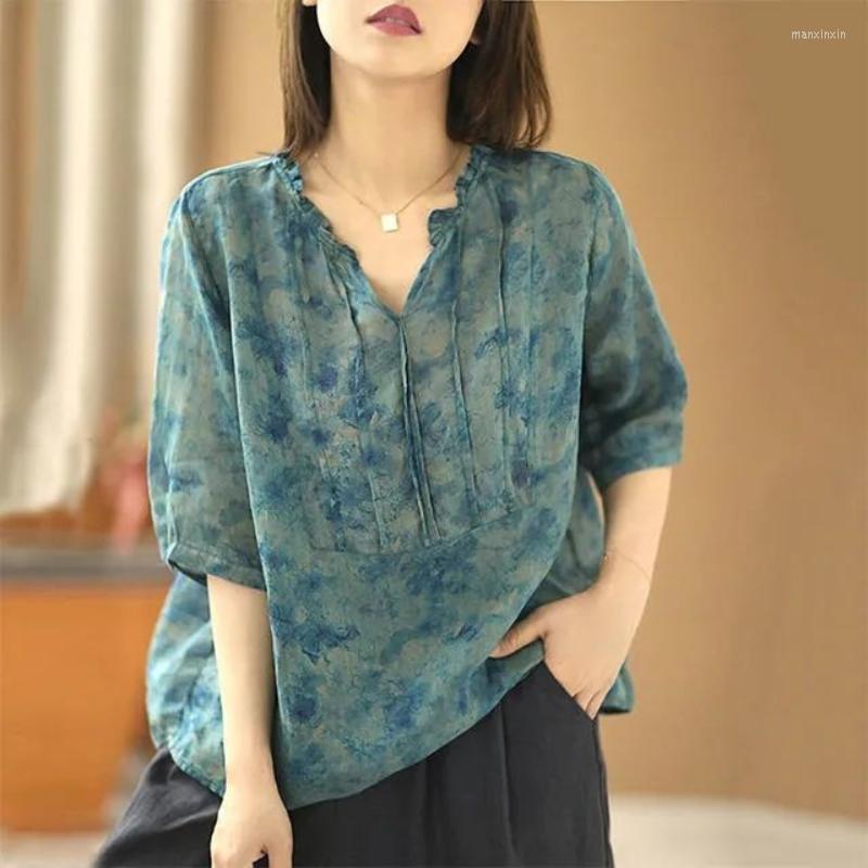 

Women's Blouses Brand Quality Womens Tops Vintage Pleated Floral Print Blouse Women Cotton Linen V-neck Short Sleeve Summer, Blue
