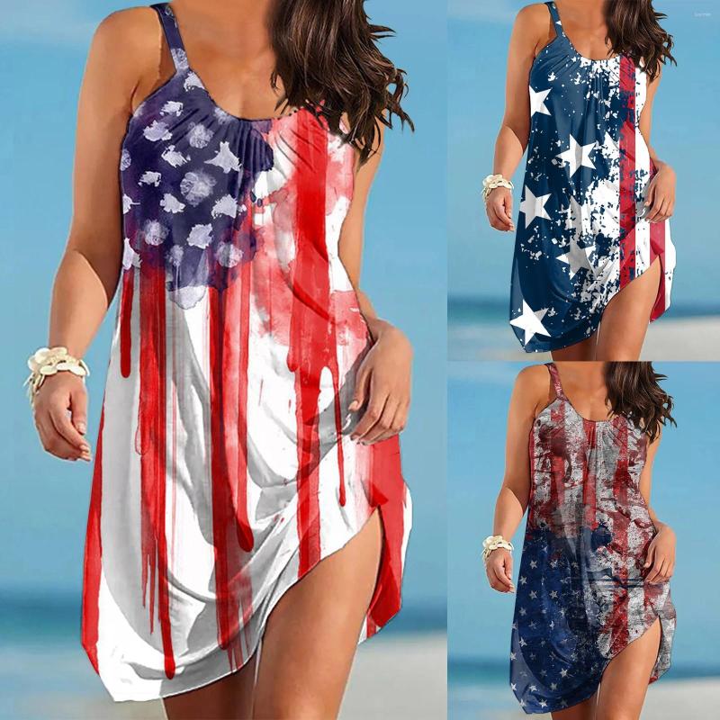 

Casual Dresses Independence Day For Women Fashion American 4th Of July Elegant O Neck Sleeveless Sundress Lace Up Bohemian Cover, Navy