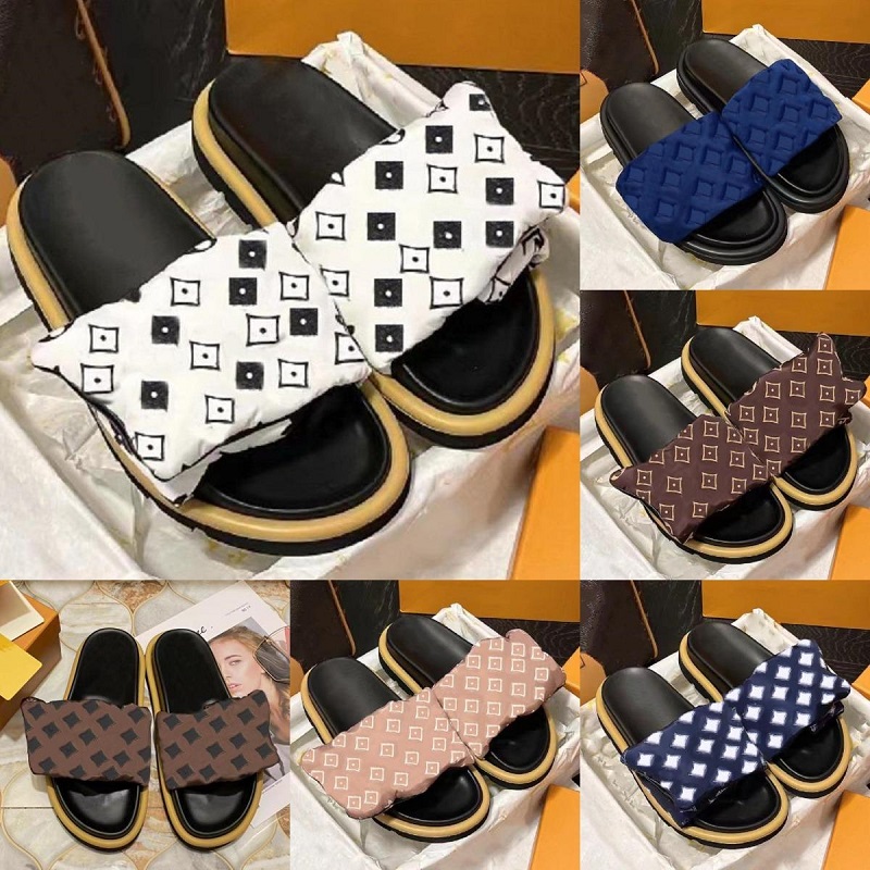 

2023 Designer Pool Pillow Women Sandals Slipper Side Sunset Flat Comfort Mules Padded Front Strap Slippers Fashionable Fashion Style Slides Sandal 35-45, Color#9