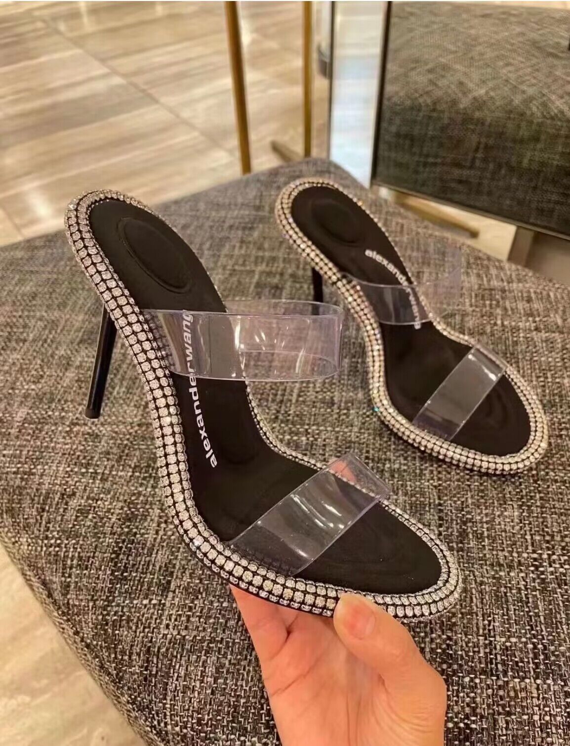 

A-Wang Nima Sandals Shoes Women Pump Black Stain PVC and Buffed Lambskin Heeled Julie Slingback Crystal Branding Dahlia Sexy High Heels