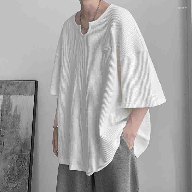 

Men's T Shirts Summer Waffle Print Short Sleeve Men O Neck Korean Fashion Casual Harajuku All-match Oversized Clothes Black White Grey