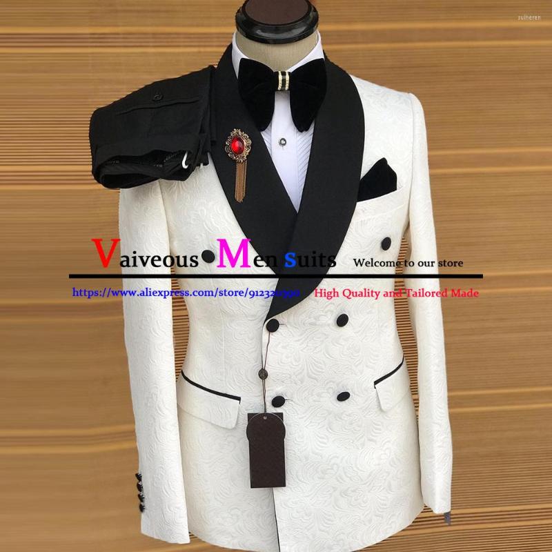 

Men's Suits Latest Slim Fit Double Breasted Wedding Suit For Men 2023 Luxury Ivory Jacquard Mens 2 Piece Blazer Pants Groom Prom, White