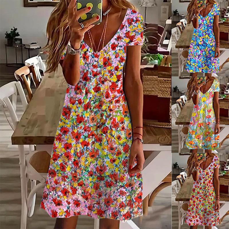 

Casual Dresses V Neck Vintage Party Dress Women's Summer Floral Printed Pullover Loose Daily Short Sleeve Regular Fit Beach 2023, Blue