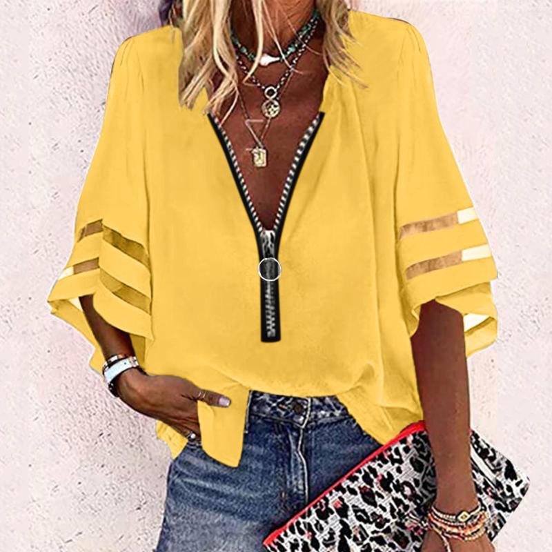 

Women' Blouses Sexy V Neck Blouse Women Half Sleeve Mesh Patchwork Solid Shirts 2023 Summer Zipper Loose Casual Pullover, Purple