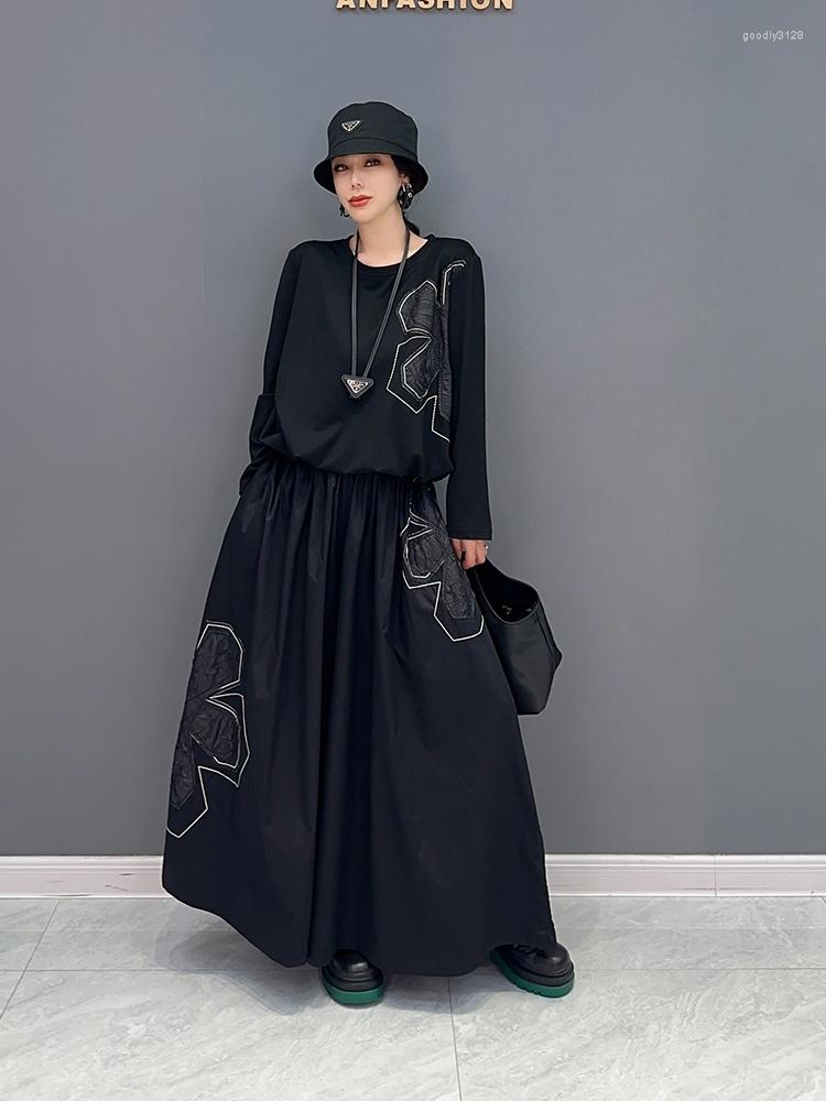 

Work Dresses SuperAen Spring 2023 Korean Long-sleeved Loose Tshirts Long Skirt Two-piece Sets For Women, Black