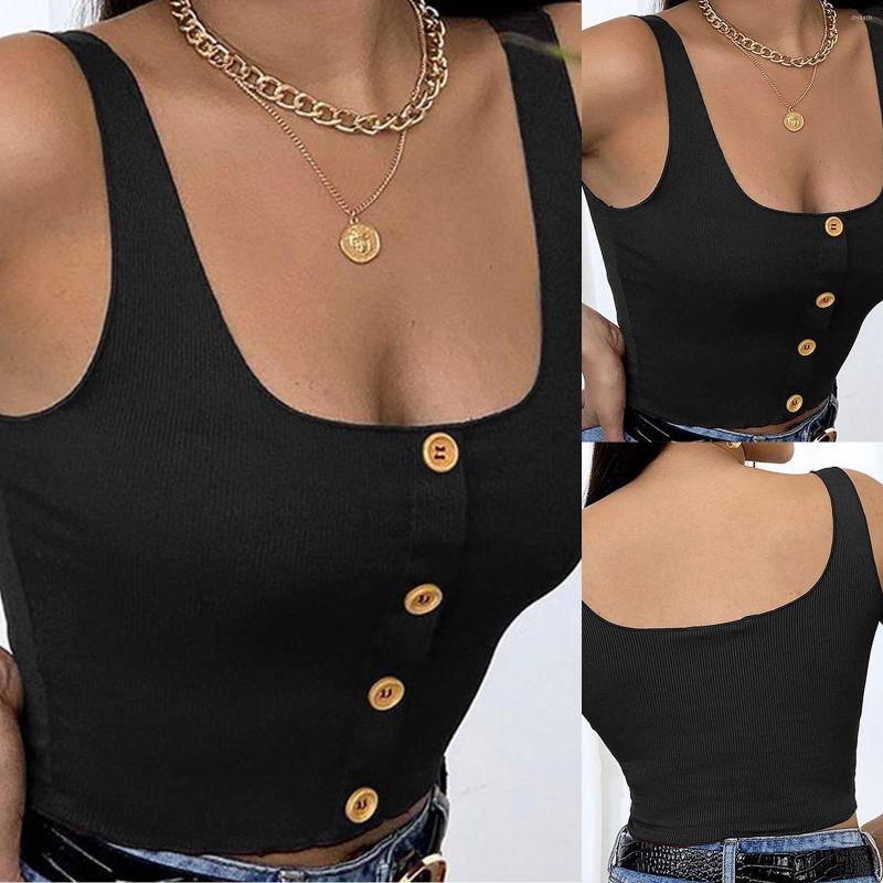 

Camisoles & Tanks Ladies Sexy Camisole Button Square Neck Rib Knit Tank Top Sleeveless Inner, Black
