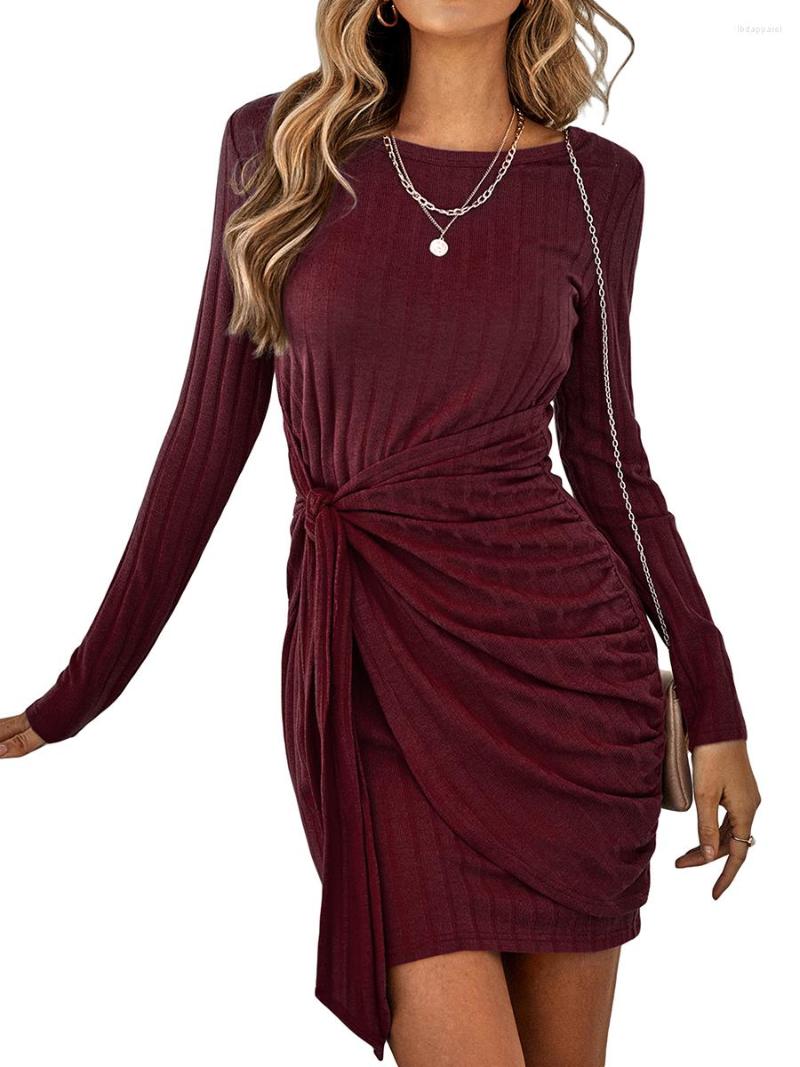 

Casual Dresses Women Long Sleeve Tie Waist Sweater Dress Fall Round Neck Solid Color Ruched Bodycon Knit Mini, Red