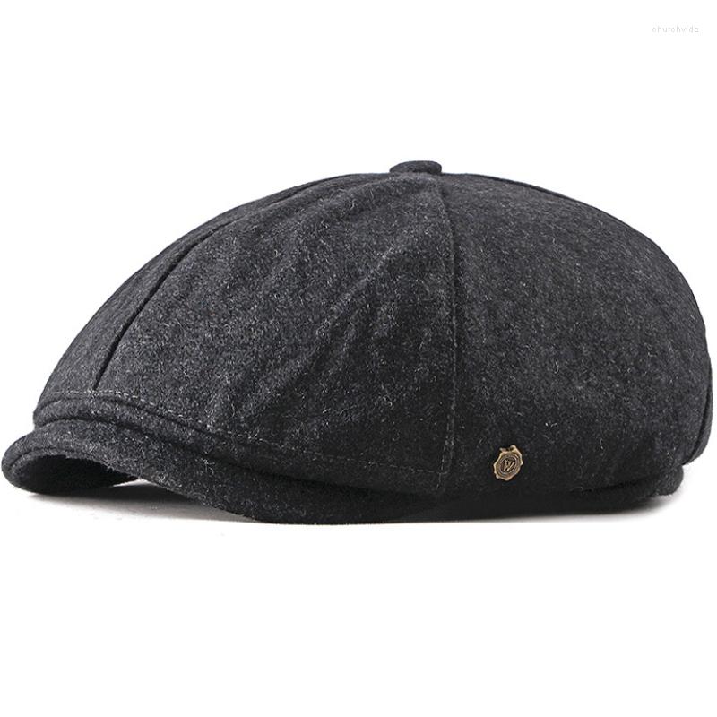 

Berets HT2196 Beret Cap Men Women Autumn Winter Wool Hat Solid Octagonal Sboy Artist Painter Retro Flat Ivy Unisex, Black