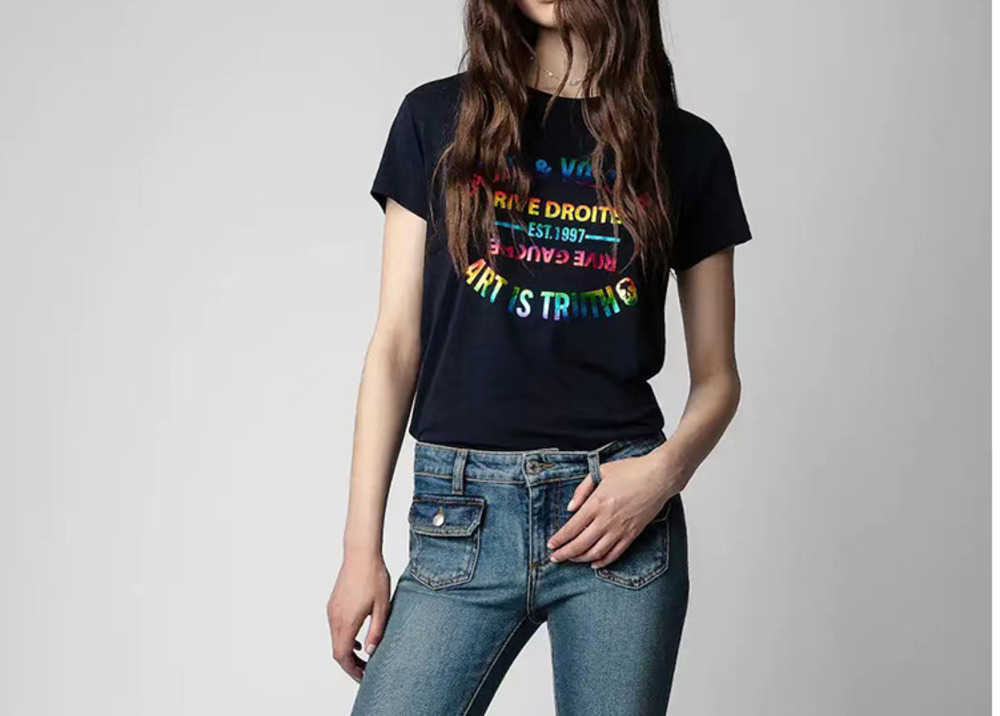 

23ss Zv Classic Letter Gilding Tshirt Colorful Print Zadig Round Neck Tees Women Short Sleeved T-shirt Tops Polos, Navy