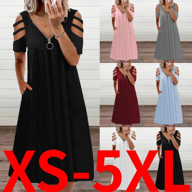 

Casual Dresses Summer Short Sleeve Women's Cotton T-shirt Print V-neck Plus Size Dress, Black