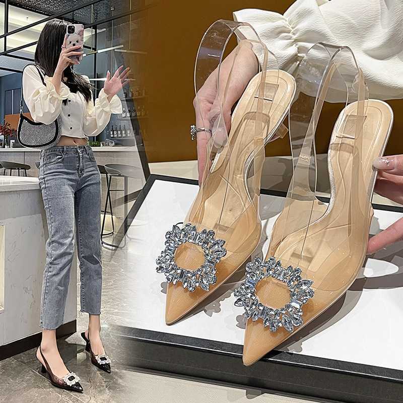 

2023 Spring New Water Diamond Slim Heel Muller Shoes Transparent Crystal High Large Sandals Women's Trend, Black4