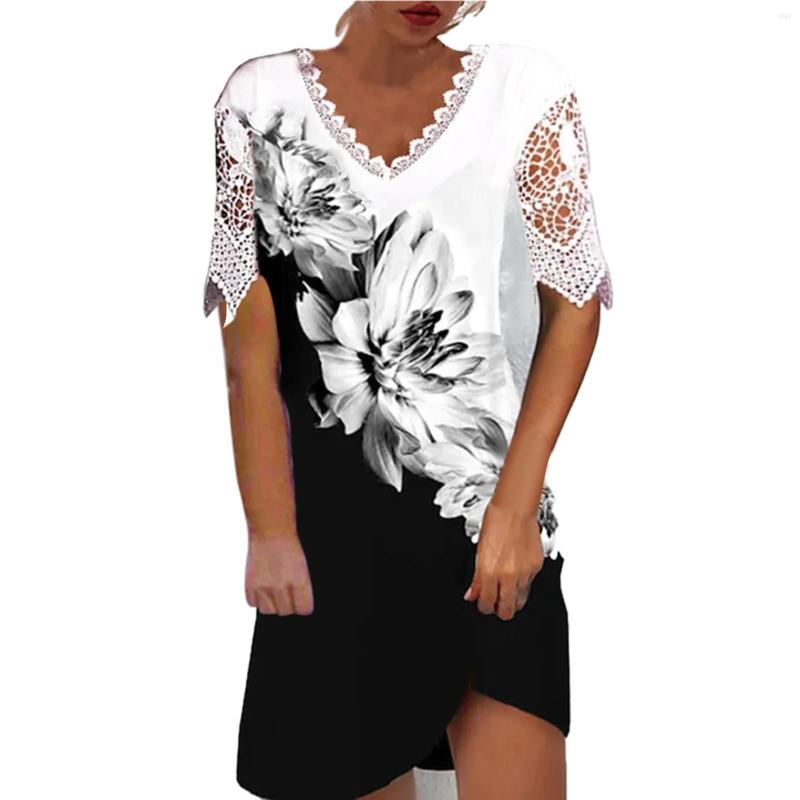 

Casual Dresses Ladies Summer Fashion Versatile Loose V Neck Lace Printed Dress Turtleneck Wrap Womens, Black